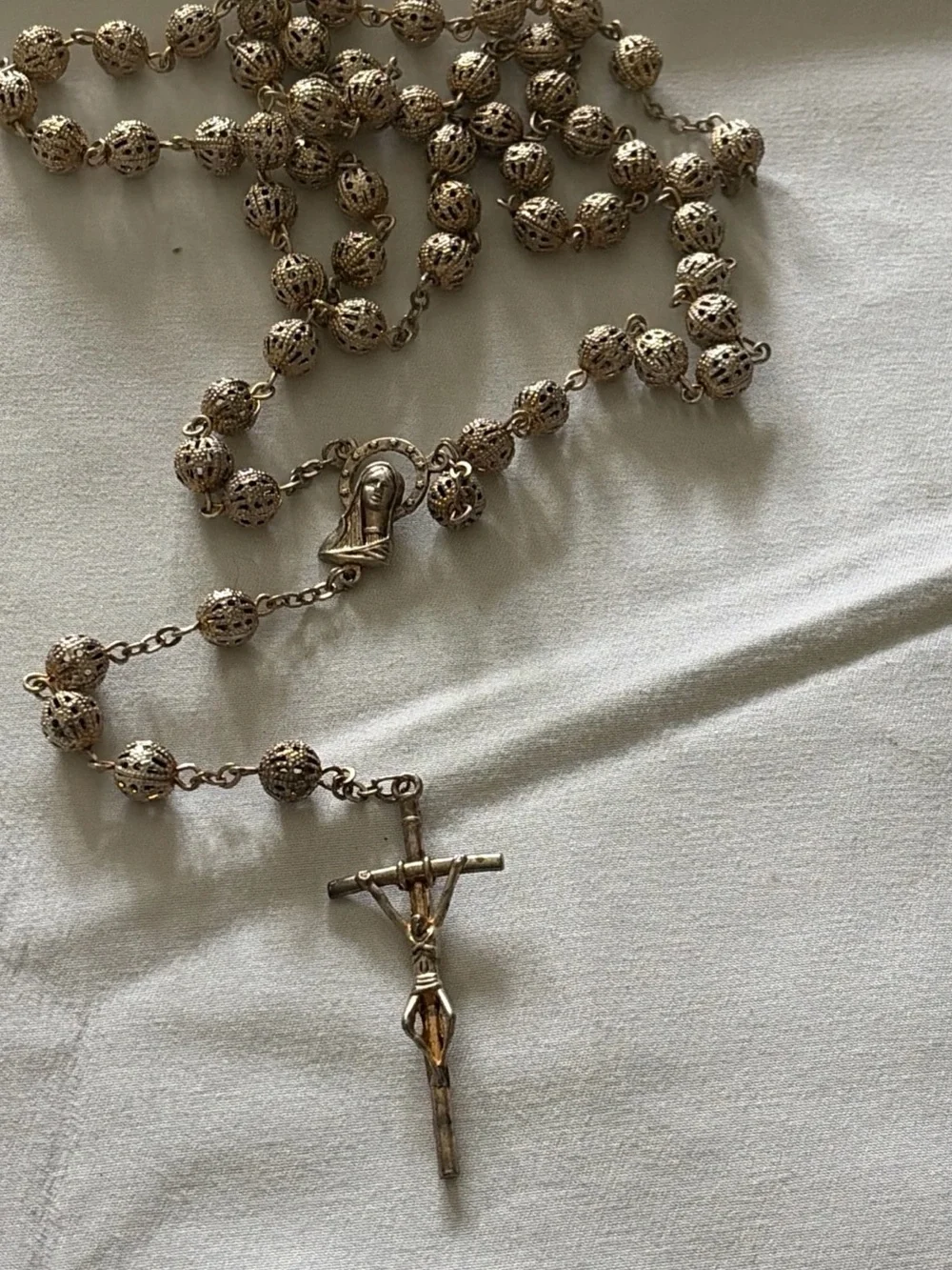 Vintage Filigree Bead Rosary Necklace in Silver Tone